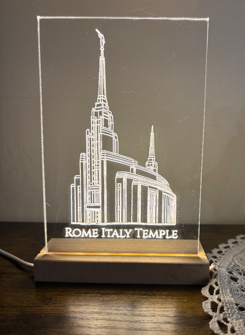 Clear Acrylic engraving of the Rome Italy Temple on a LED edge-lit wooden base.