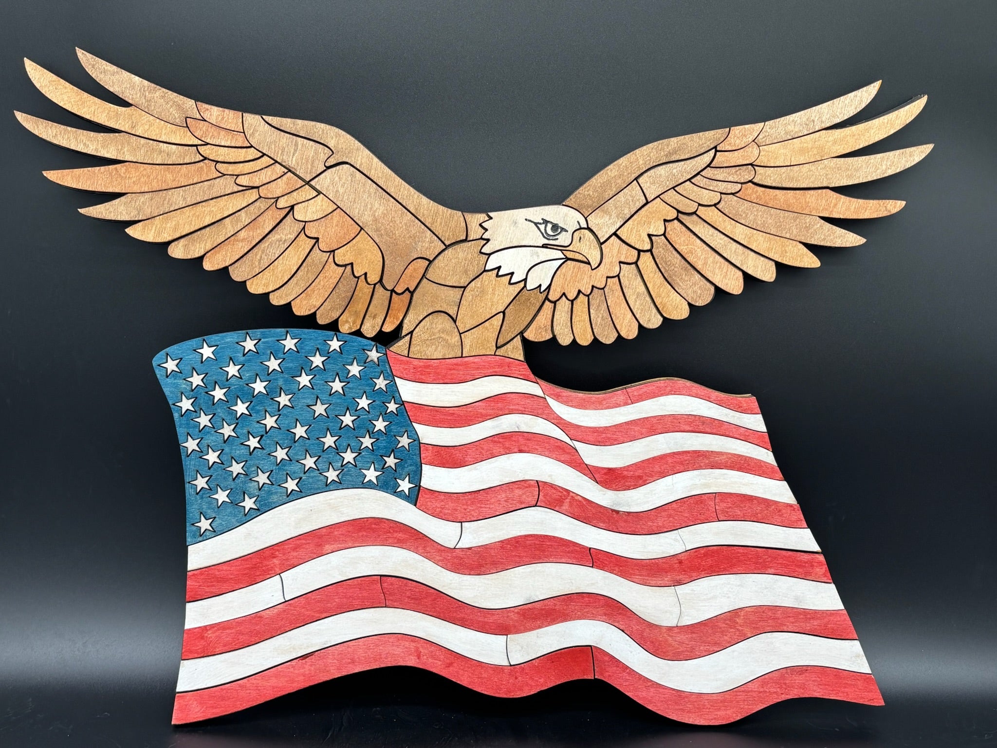 Wooden American Flag with Flying Eagle