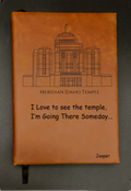 Walnut leatherette journal engraved with Meridian Idaho Temple illustration, a religious text , and a name 