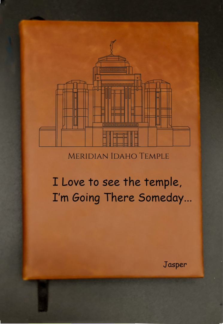 Walnut leatherette journal engraved with Meridian Idaho Temple illustration, a religious text , and a name 